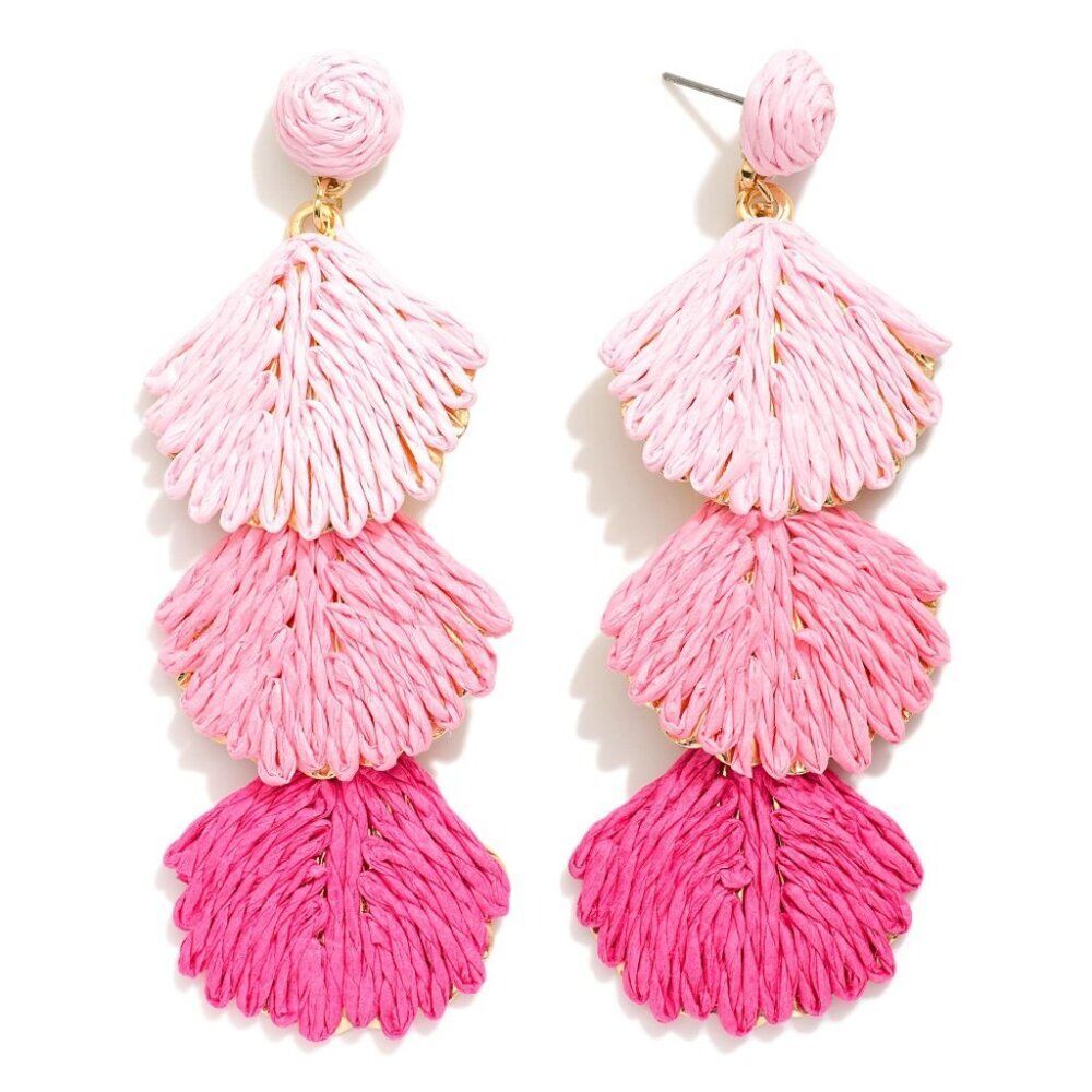 Linked Pink Raffia Wrapped Shell Post Drop Earrin… - image 1